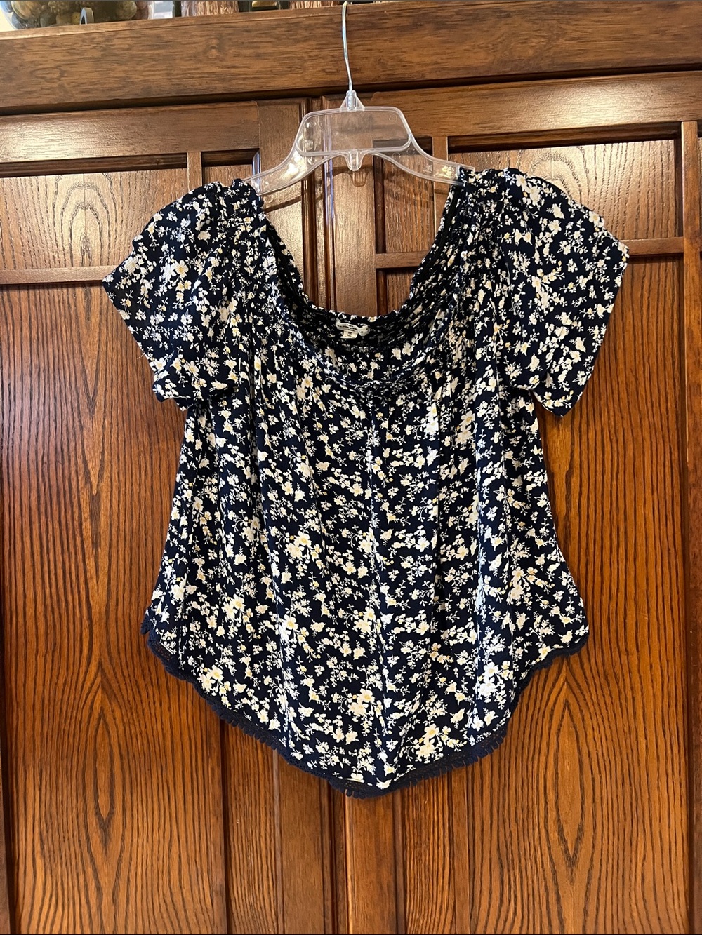 Mason Belle Floral Off The Shoulder Top Blouse Medium Navy Blue Boho Smocked M